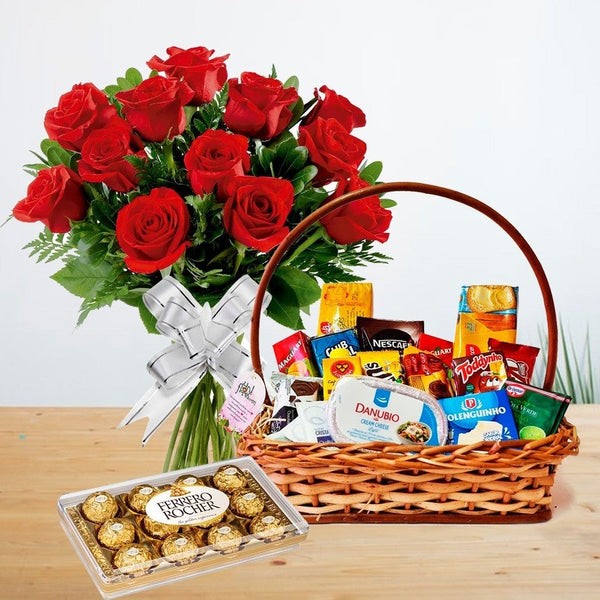 Cesta Café da Manhã Completo com Buquê de Flores e Bombons - Image 2